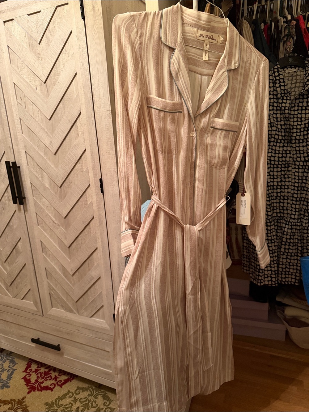 La Boheme Silk Beige Striped Shirt Dress